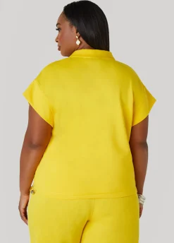 New Ashley Stewart Striped French Terry Polo Top Cyber Yellow