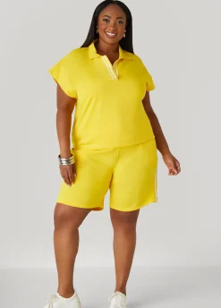 New Ashley Stewart Striped French Terry Polo Top Cyber Yellow