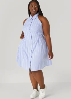 Outlet Ashley Stewart Striped Oxford Halter Dress Blue