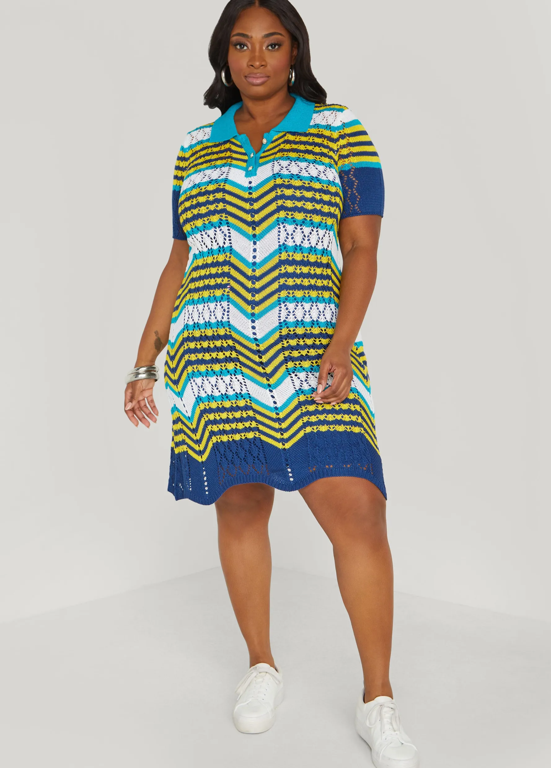 Best Ashley Stewart Striped Pointelle Knit Polo Dress