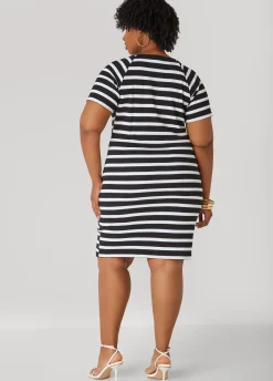 New Ashley Stewart Striped Ribbed T Shirt Dress Black White
