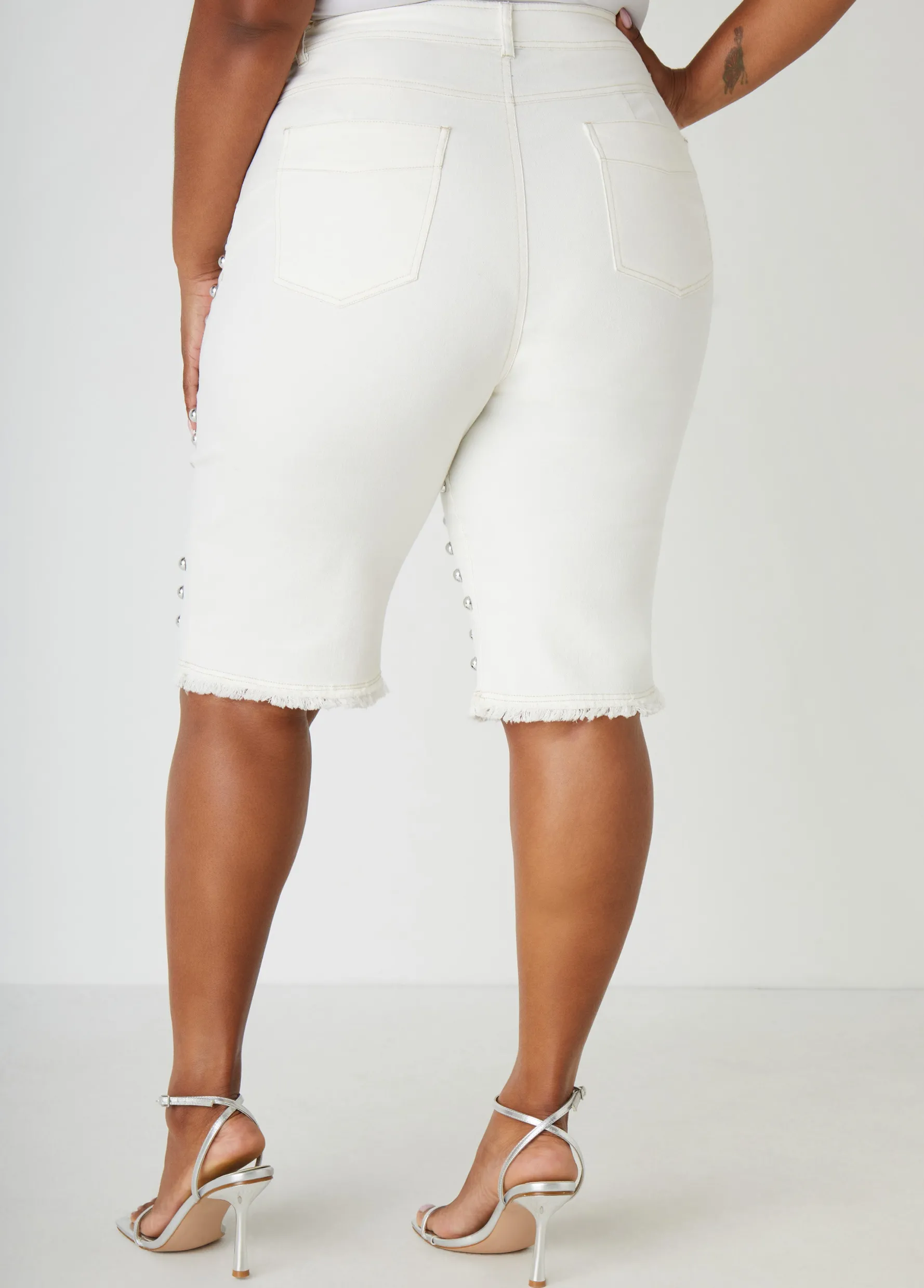 Outlet Ashley Stewart Studded Frayed Denim Bermuda Shorts White