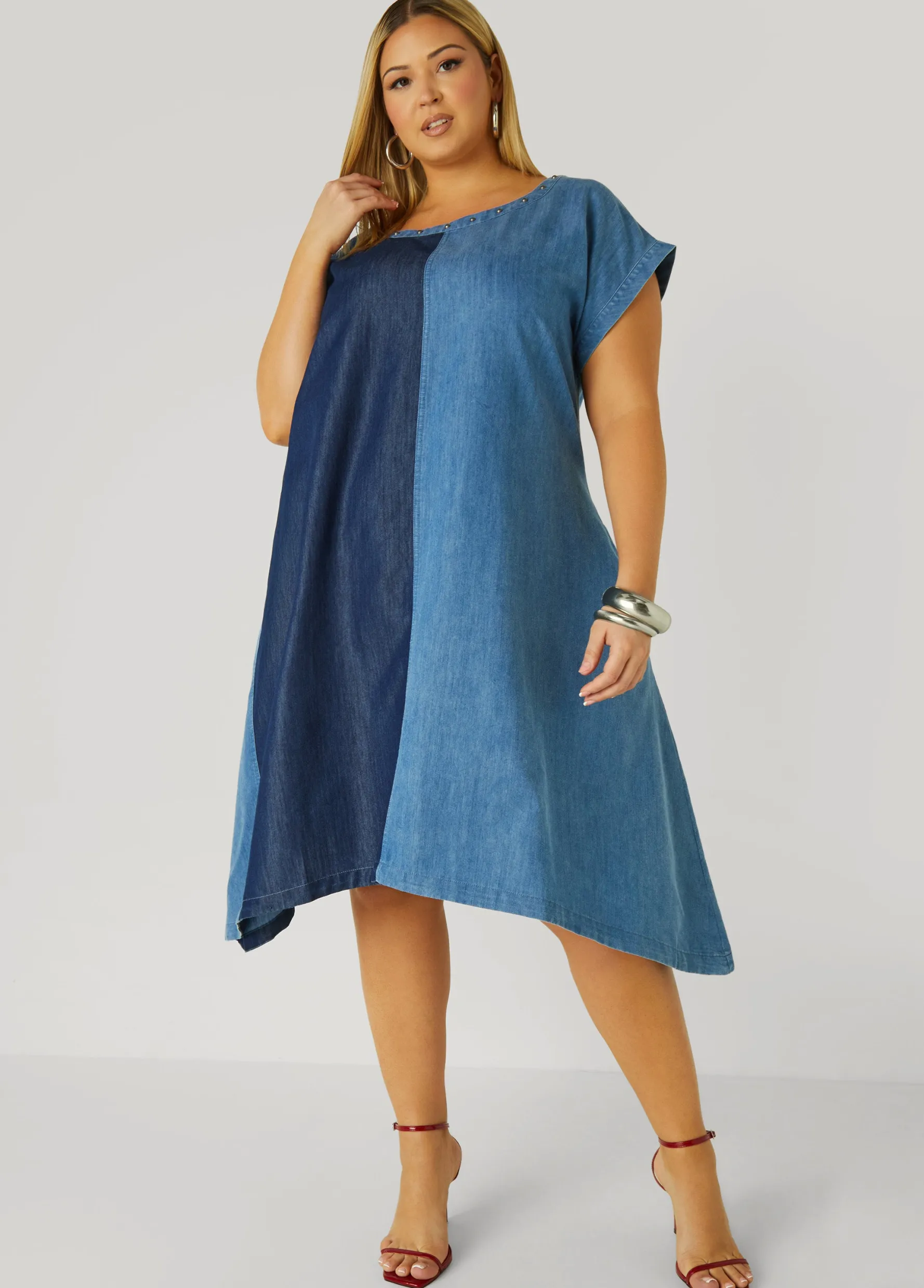 Hot Ashley Stewart Studded Two Tone Chambray Dress Denim