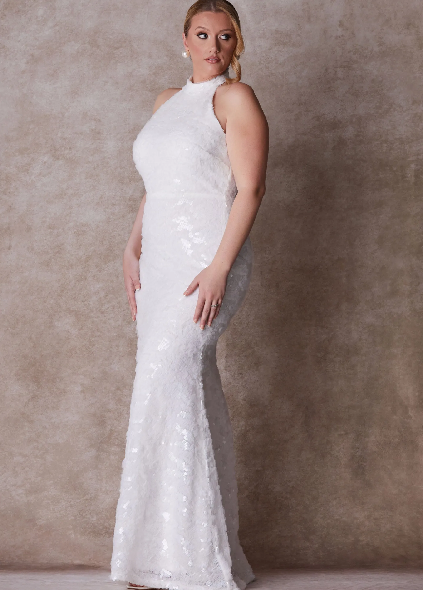 New Ashley Stewart The Chloe Halter Wedding Gown Egret