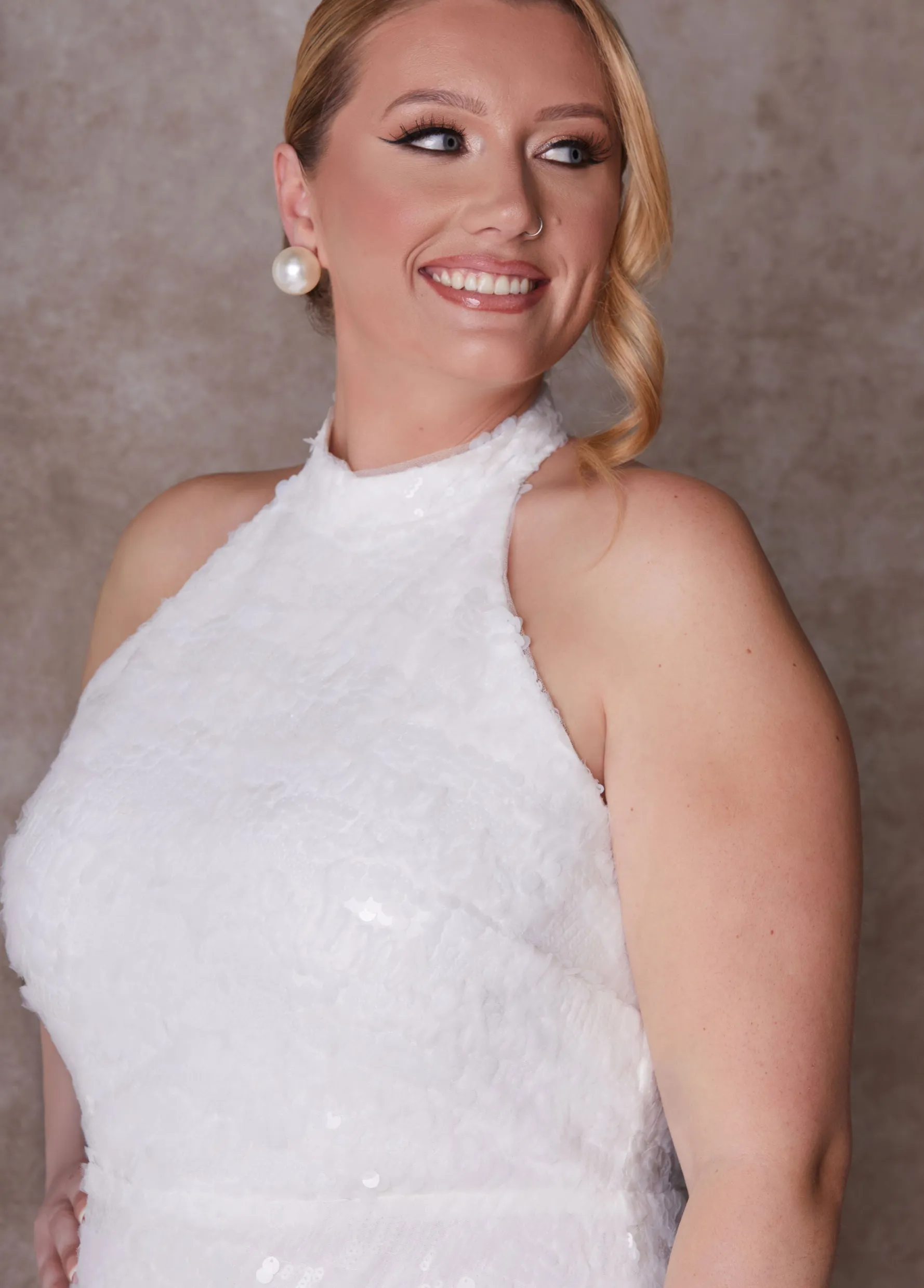 New Ashley Stewart The Chloe Halter Wedding Gown Egret