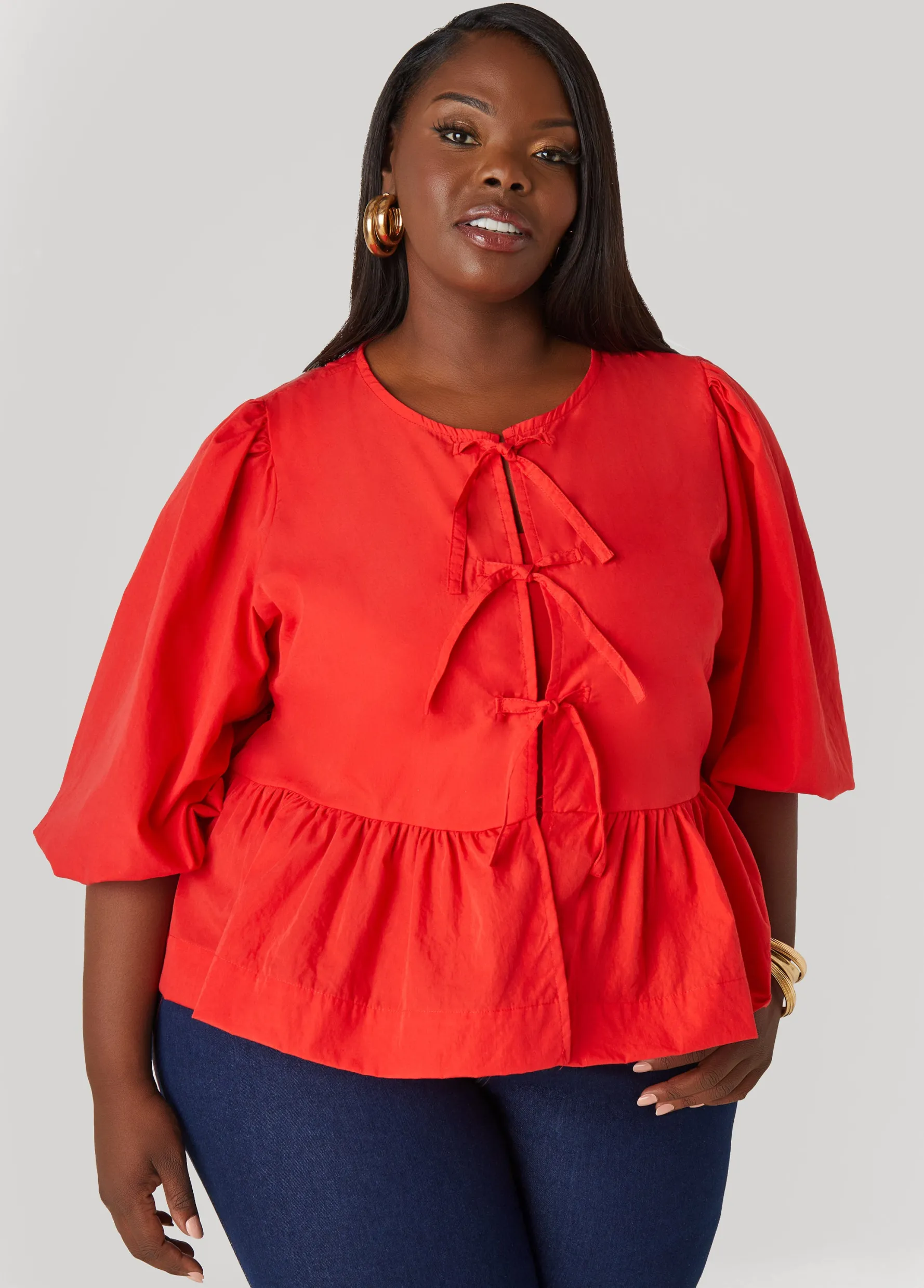 Hot Ashley Stewart Tie Front Peplum Top