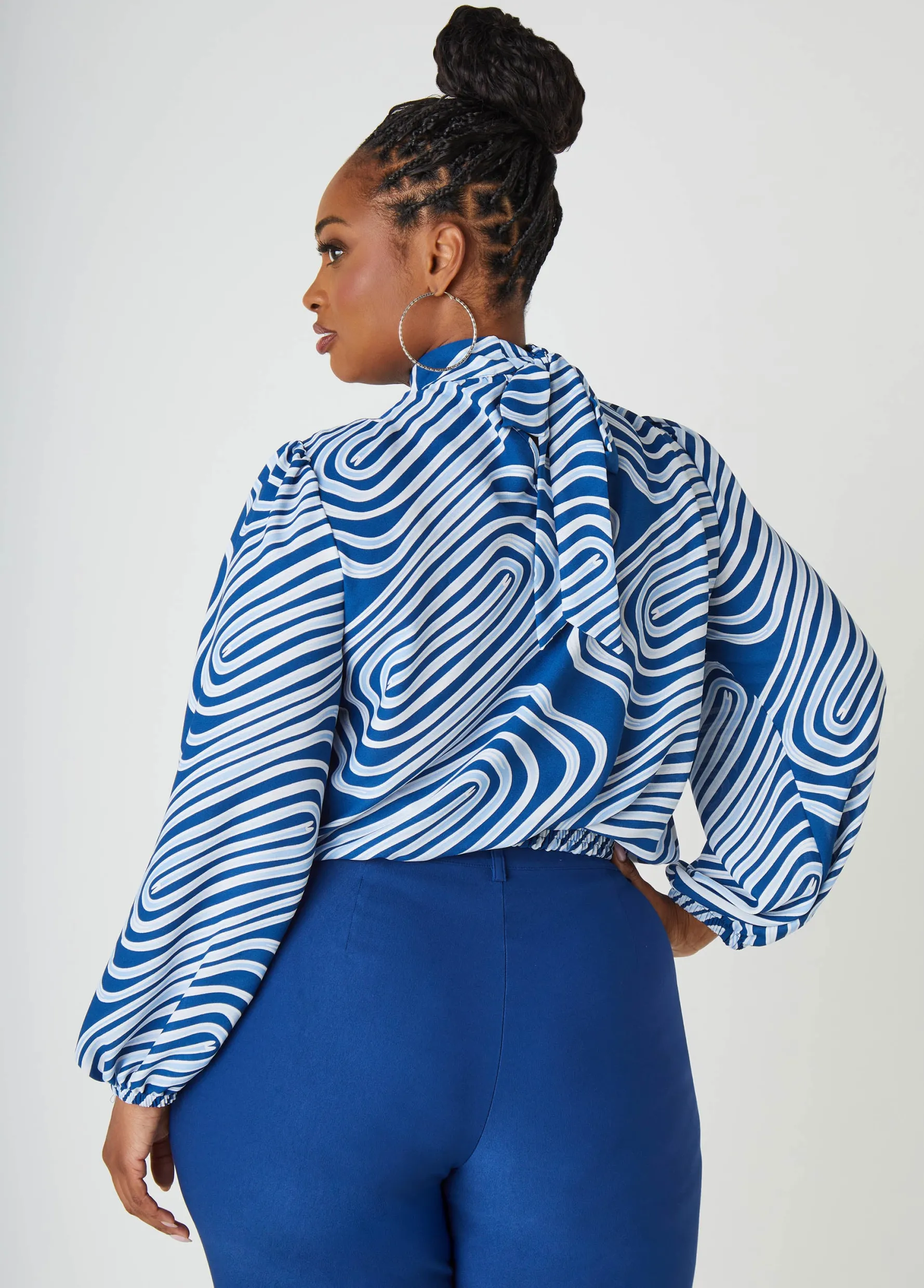 New Ashley Stewart Tie Neck Wavy Print Blouse Navy Peony