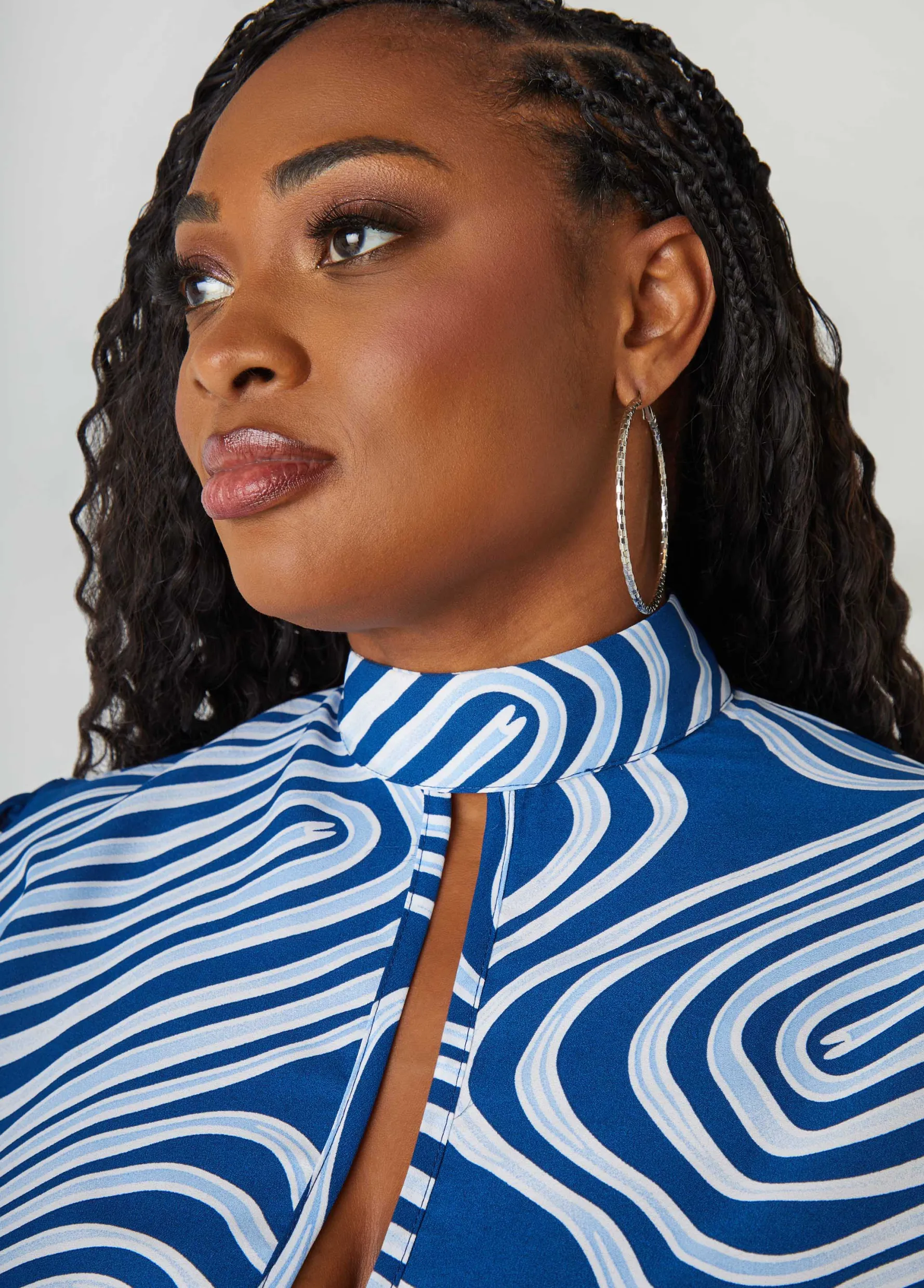 New Ashley Stewart Tie Neck Wavy Print Blouse Navy Peony