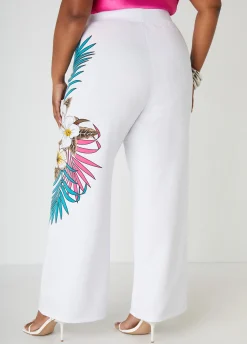 New Ashley Stewart Tropical Print Wide Leg Pants White