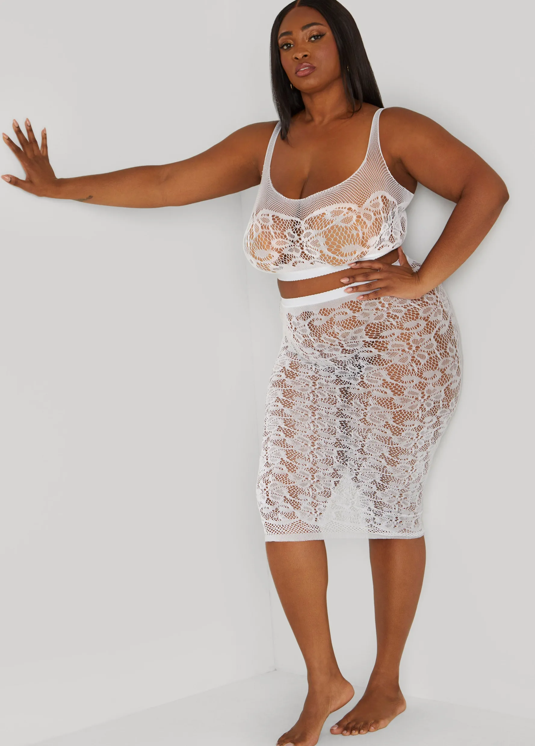 Fashion Ashley Stewart Two Piece Lace Lingerie Skirt Set White