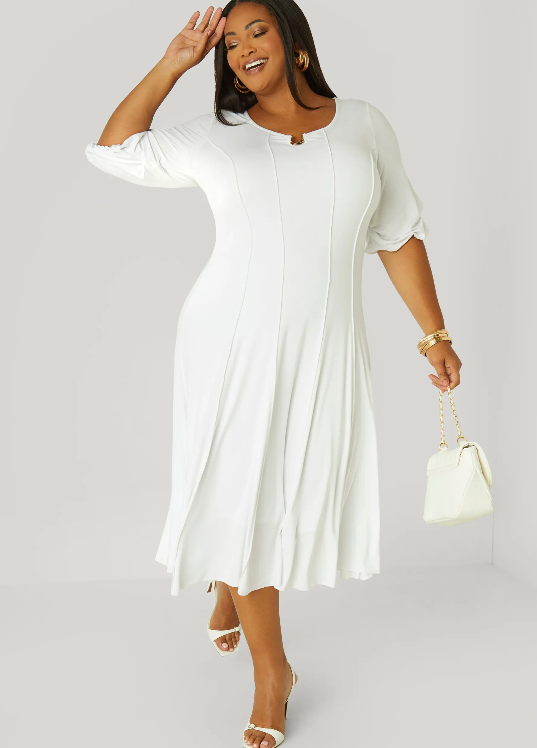 Outlet Ashley Stewart U Ring Seamed Midi Dress White