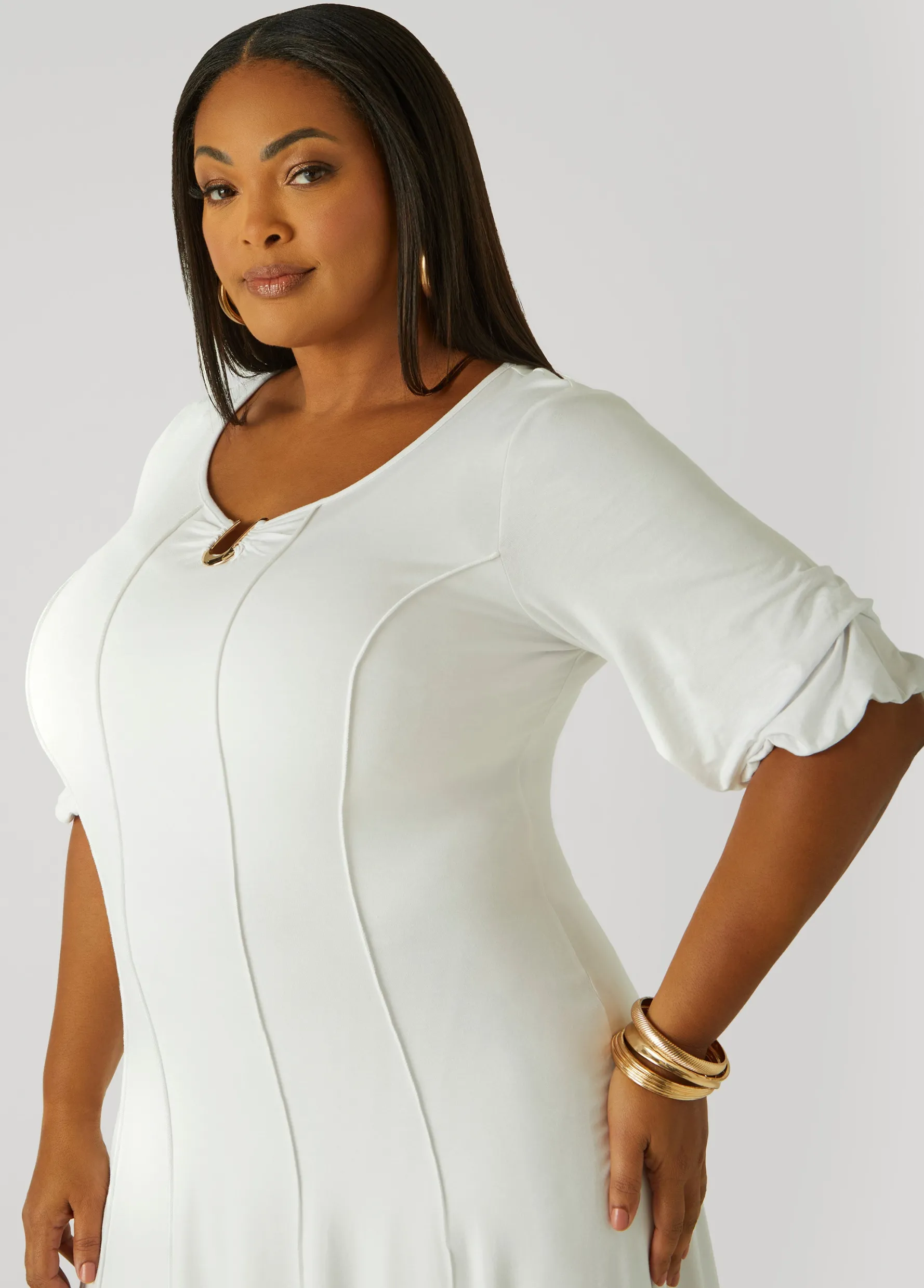 Outlet Ashley Stewart U Ring Seamed Midi Dress White