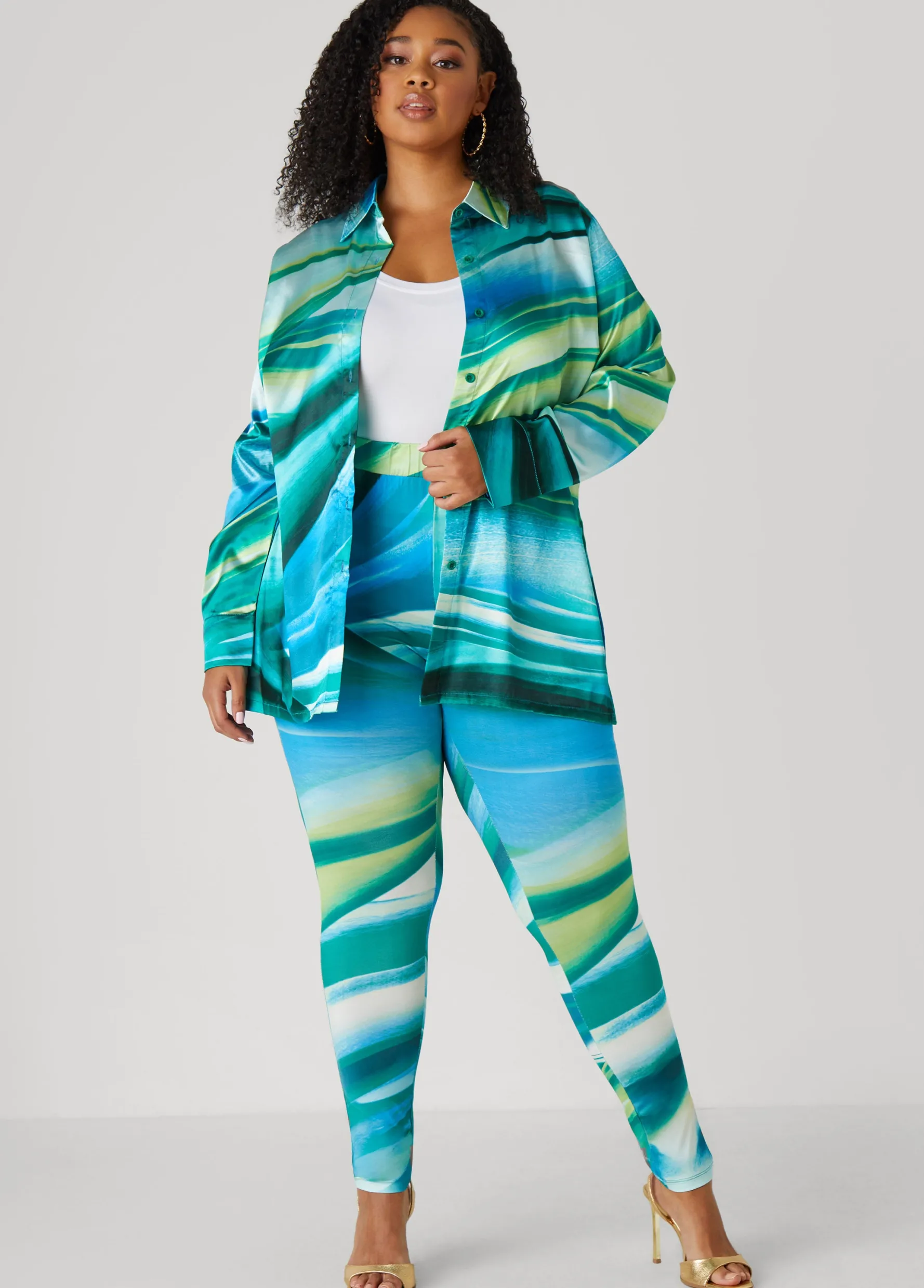 Clearance Ashley Stewart Wave Print Leggings Green