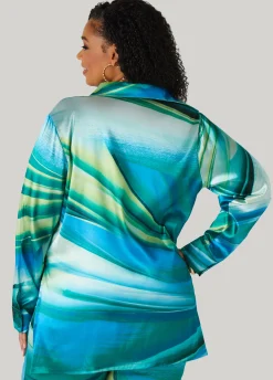 Discount Ashley Stewart Wave Print Satin Shirt Green