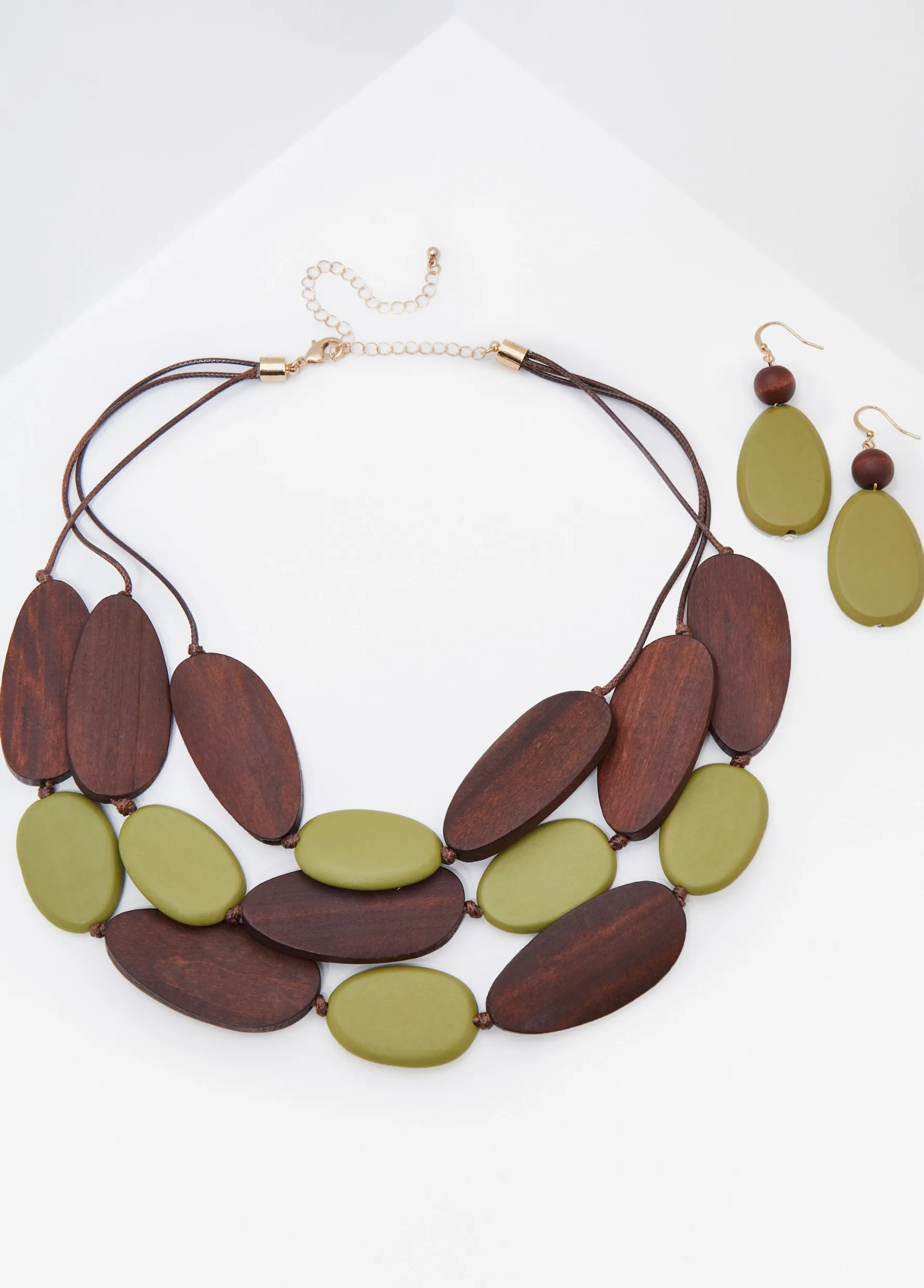 Best Ashley Stewart Wood Bead Necklace Set MOSS