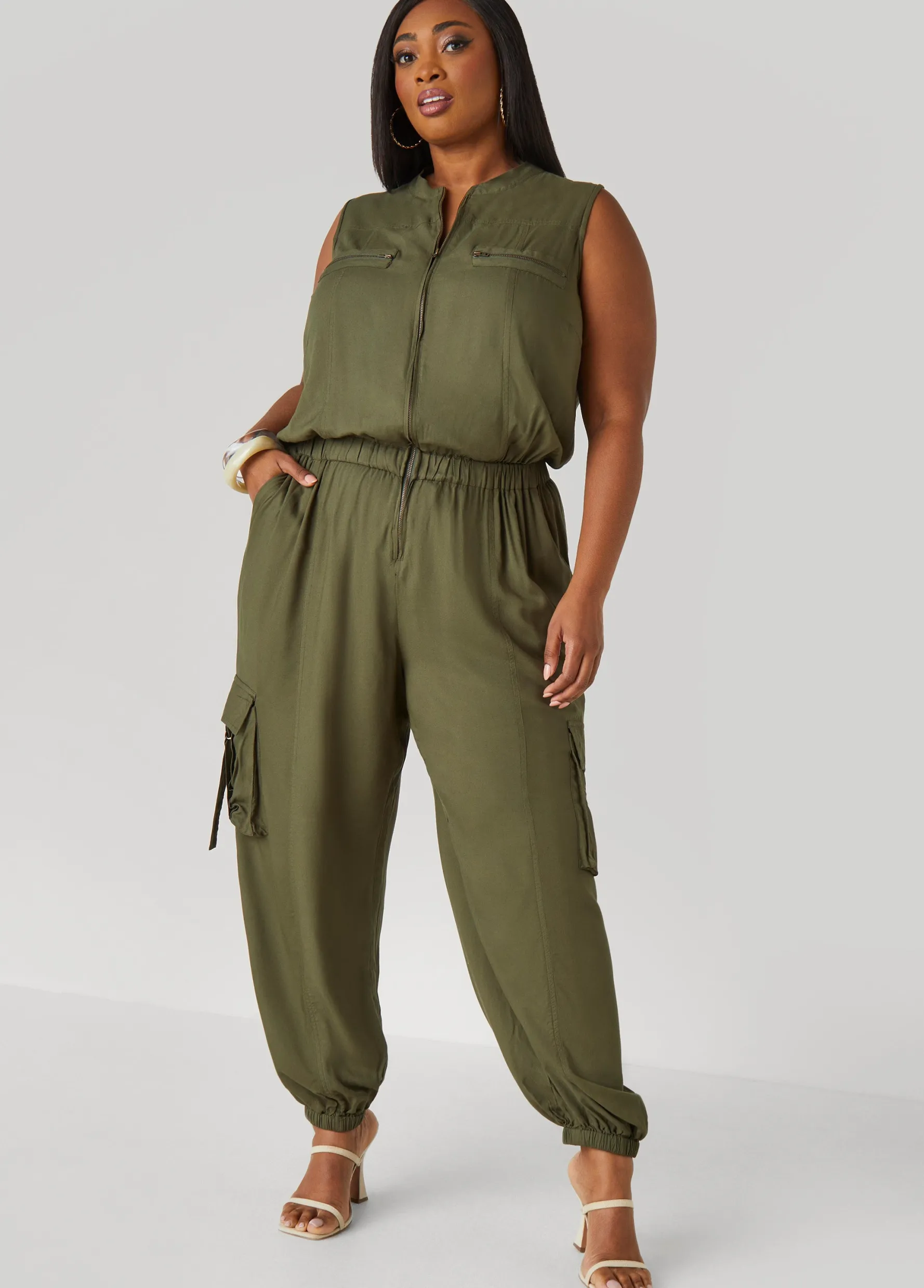New Ashley Stewart Zip Front Utility Joggers Jumpsuit Deep Depths
