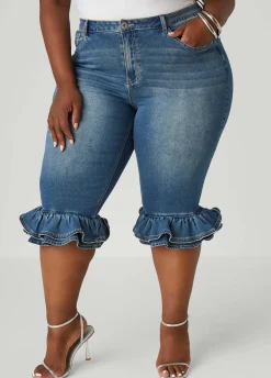 Clearance Ashley Stewart Zipper Trimmed Denim Capris Denim Blue