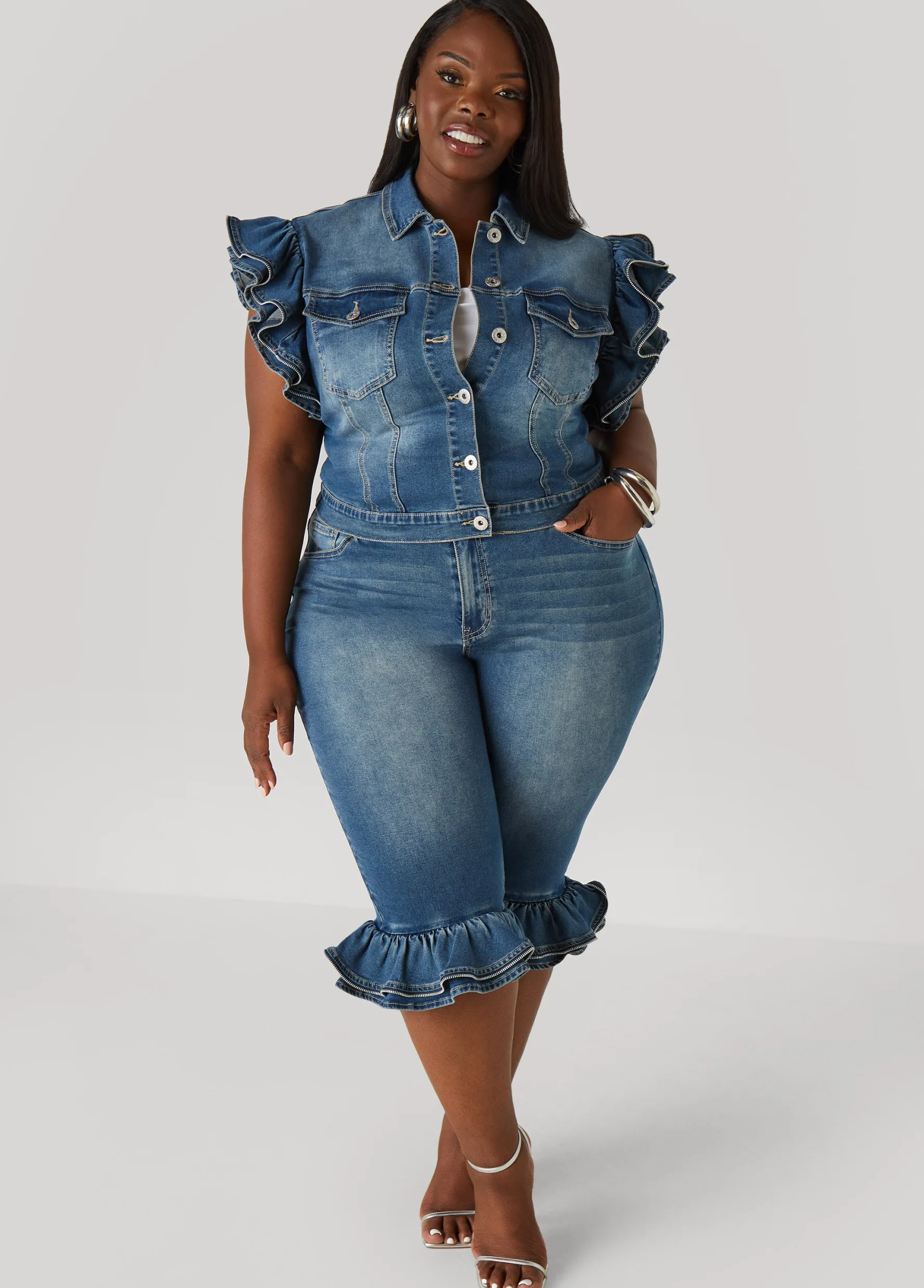 Clearance Ashley Stewart Zipper Trimmed Denim Capris Denim Blue