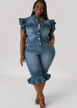 Sale Ashley Stewart Zipper Trimmed Denim Jacket Denim Blue